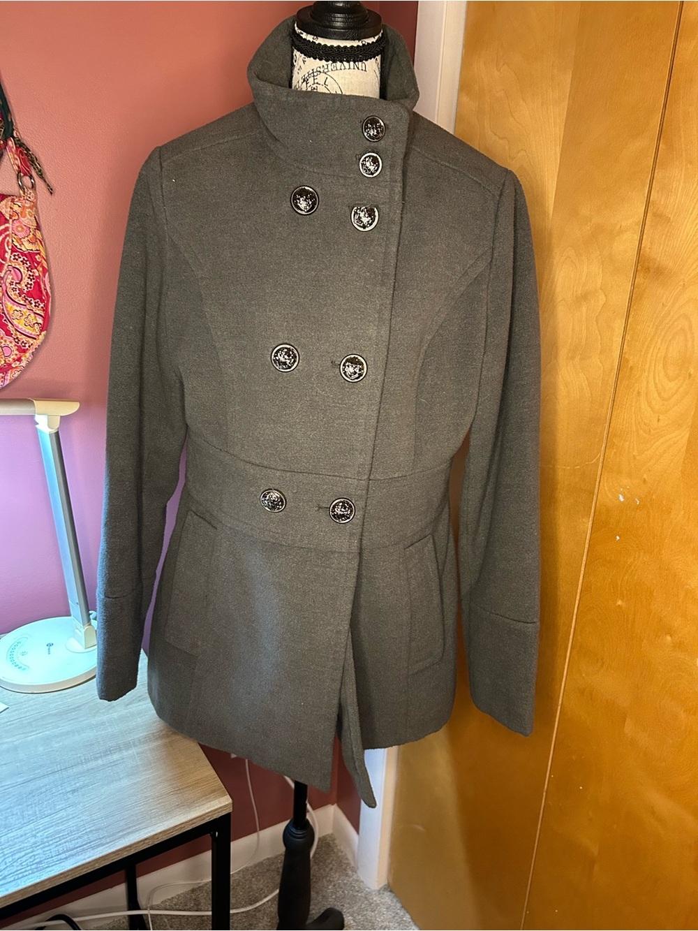 Liz Claiborne Gray Double-Breasted Wool-Blend Peacoat